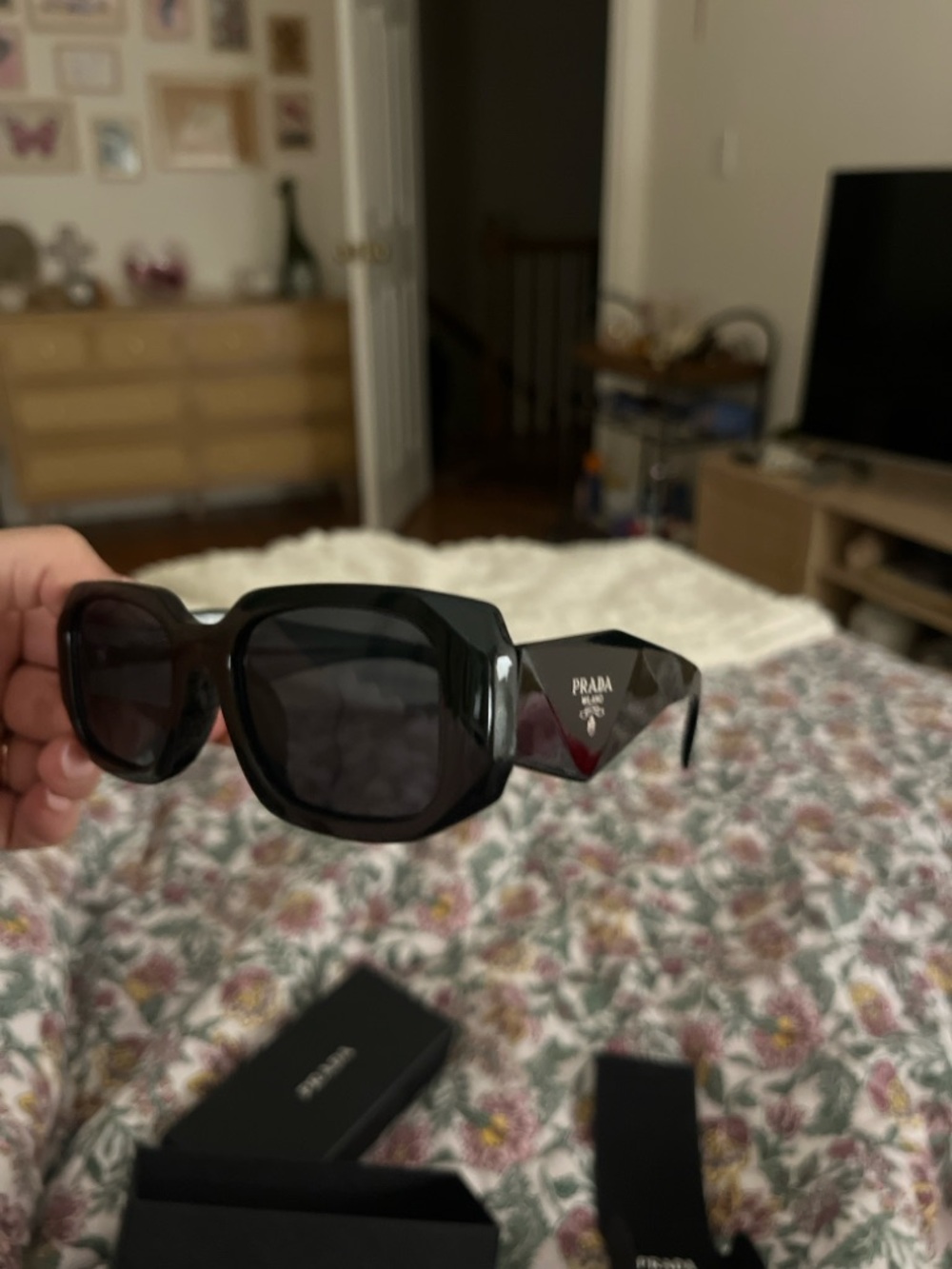 Prada Black Oversized Faceted Temple Sunglasses- NEW